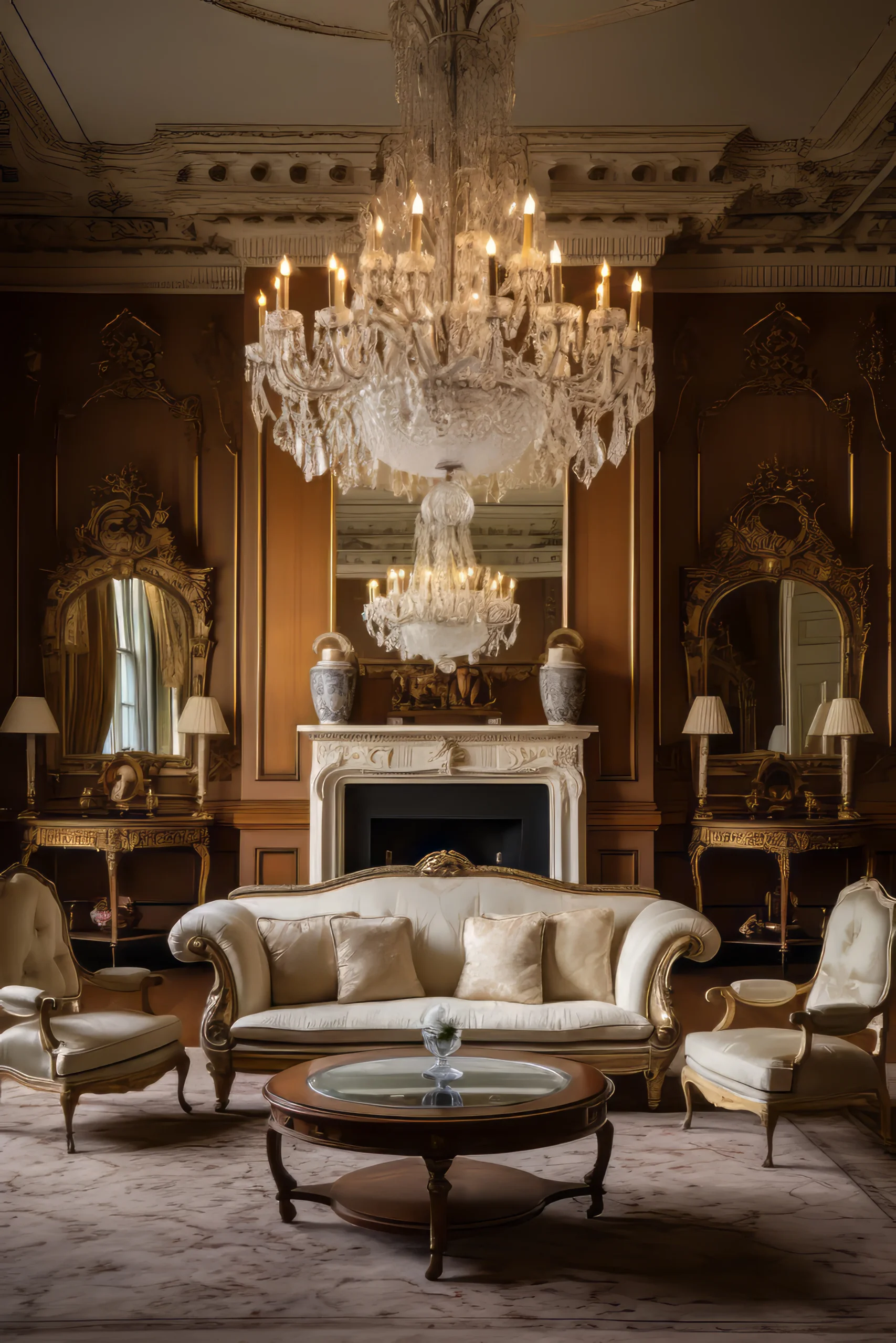 Elegant living room with a cream sofa, ornate mirrors, a crystal chandelier, and golden accents in a richly decorated space.